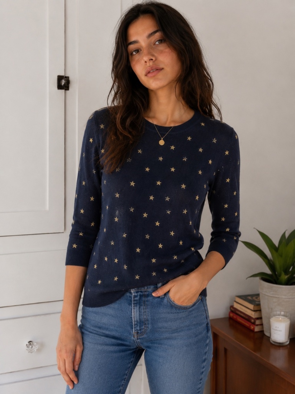 J.Crew Merino Wool Star Print Sweater Navy Gold 3/4 Sleeve Small